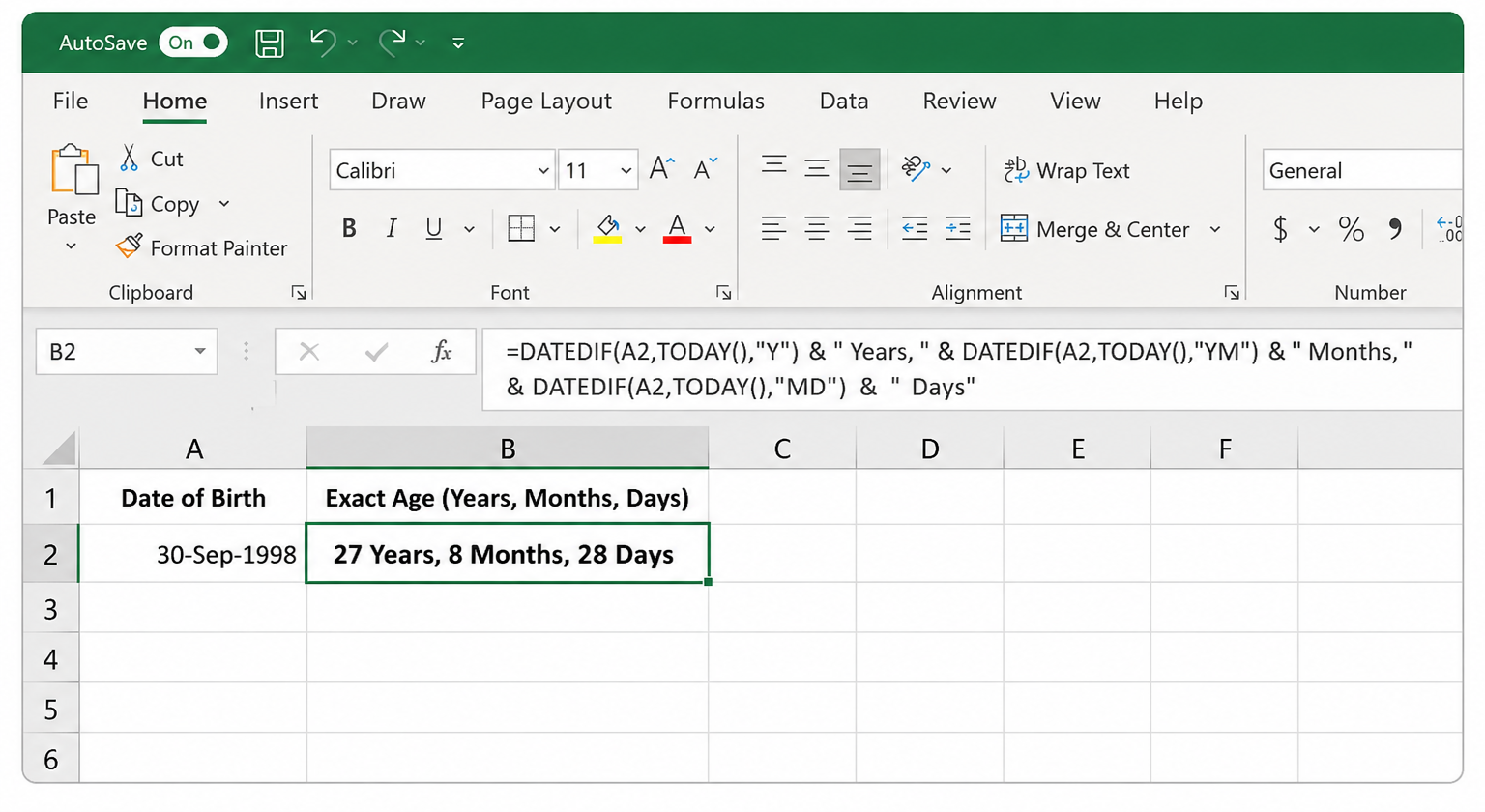 Excel DATEDIF formula showing 27 Years, 8 Months, 28 Days