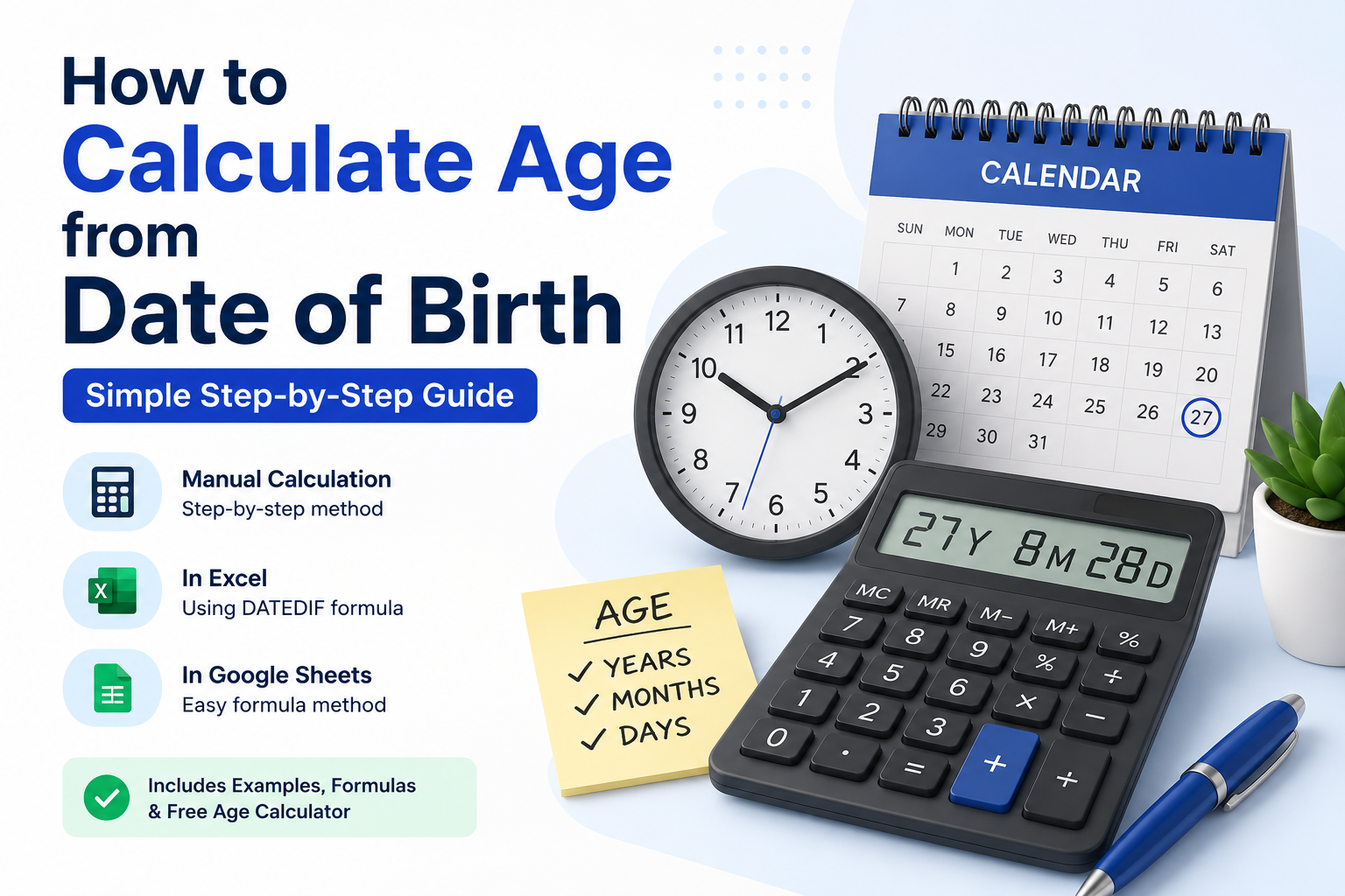 Age Calculation Guide showing a calendar, calculator, and clock